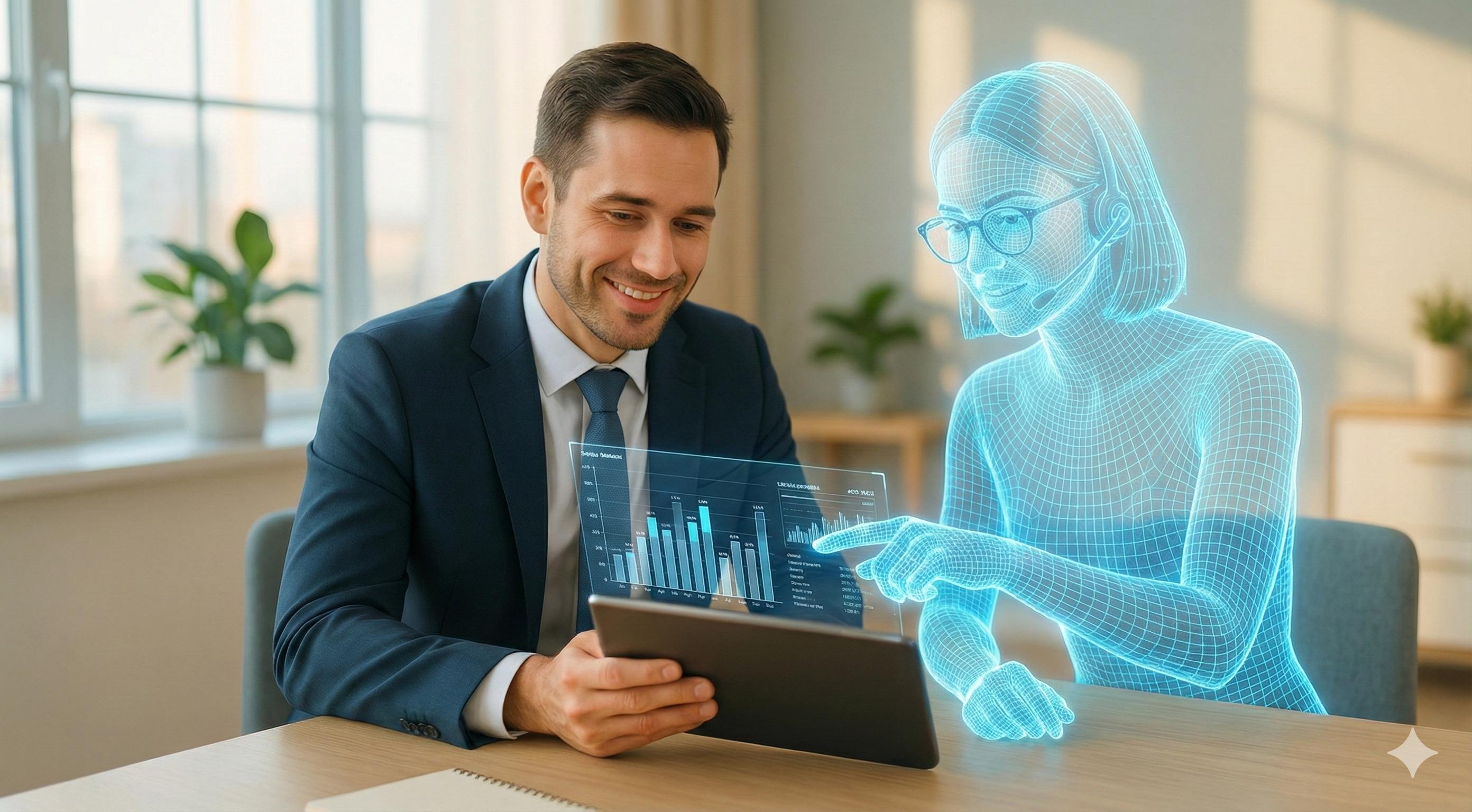 AI staff collaborating with human team members in a modern office environment